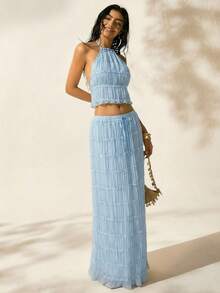 Easelle Women's Vacation Outdoor Romantic Halter Backless Low Waist Skirt Set Beach Skirt Set Summer Skirt And Top Set Summer 2 Piece Sets Woman Beach 2 Piece Set 2 Piece Skirt Set - Blue - View 4