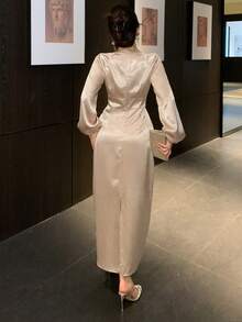 DAZY 女士优雅亮片拼接褶皱长连衣裙，春夏婚礼宾客礼服 - 粉色 - 查看 2