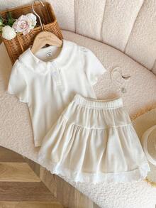 Genkimix Kids Young Girl 2pcs Set: Cute Beige Bubble-Sleeve Polo Collar Top With Matching Lace-Trimmed Midi Skirt, Polo Set For Summer, Suitable For School, Outings, Gatherings & More - Apricot - View 1