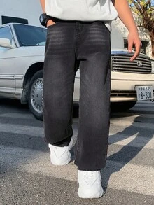Little Byeori 青少年男孩时尚休闲 Y2K 复古酷炫街头基础款简约舒适黑色牛仔宽松直筒牛仔裤，适合日常穿着、春夏锐舞节和街头服饰。 - 黑色 - 查看 5