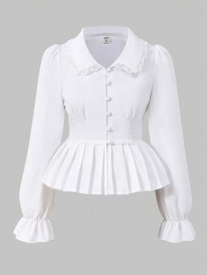 Teen Girl Solid Color Lace Trim Puff Shoulder Long Sleeve Front Button Peter Pan Collar Blouse