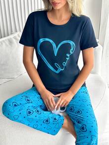 EURMUSE Cotton Line Women Heart Printed Comfy 2Pcs Pajama Set Short Sleeve And Pants - Blue - View 5