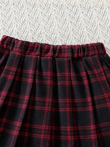 SHEIN 两件套 时尚休闲学院风女童杏色针织套头衫（带蝴蝶结印花）搭配红色格子百褶迷你裙，适合户外、旅行、街头、休闲、居家、学校、日常搭配 - 粉色 - 查看 4