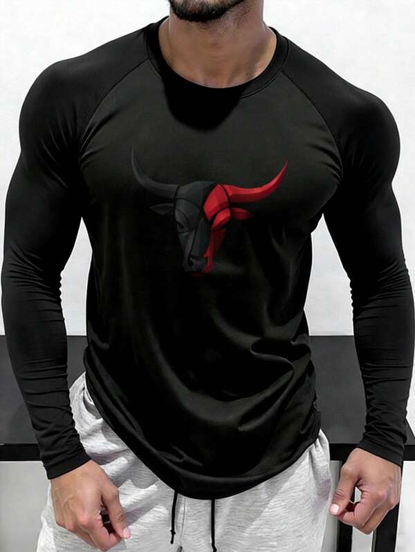 Manfinity Sport PWRUP Men's Bull Print Raglan Long Sleeve Casual Fitness Workout T-Shirt Compression Shirt Men Long Sleeve Athletic Shirt Gym Men Shirt Compression Long Sleeve Gym Tops Long Sleeve