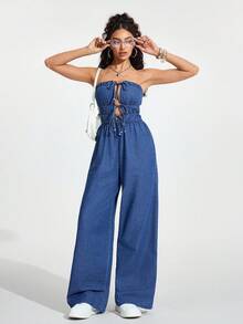Jeanoix Bộ jumpsuit denim ống rộng gợi cảm, thắt dây phía trước, hở lưng, có bèo nhún dành cho nữ. - Màu xanh lam - Xem 1