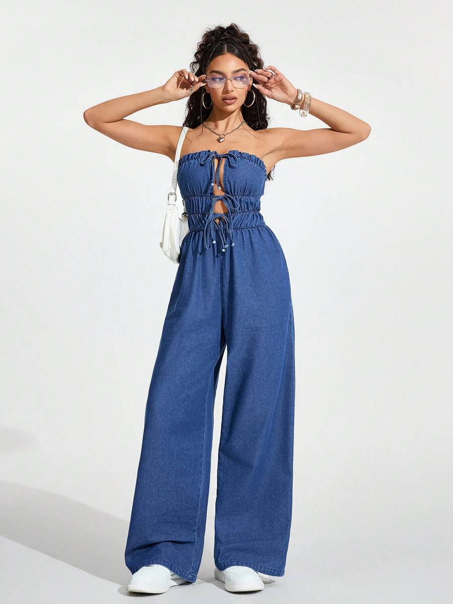 Jeanoix Bộ jumpsuit denim ống rộng gợi cảm, thắt dây phía trước, hở lưng, có bèo nhún dành cho nữ. - Màu xanh lam - Xem 1