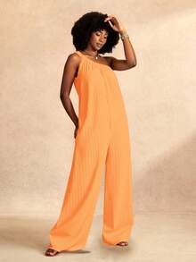 Zivah Summer New Casual All-Match Versatile Leisure Cruise Travel Beach Sunbathing Sleeveless Textured Loose Green Women Jumpsuit - Orange - View 4