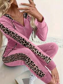 EURMUSE 2pcs Women Leopard Print Zip-Up Hooded Long Sleeve Top And Pants Set - Rusty Rose - View 6