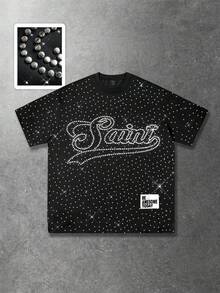 ROMWE MEN 2026 Spring, Autumn & Summer Men's Casual Fashion Rhinestone Embellished Short Sleeve T-Shirt, Unisex Couple Design Round Neck Tee - Black - View 3