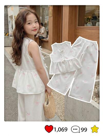 Vintaside Kids 2pcs/Set Girls Cute Bow Decor Sleeveless Top And Elastic Waist Pants Set