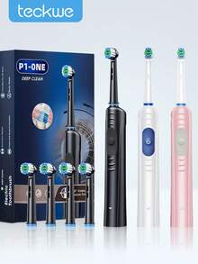 Teckwe Cepillo de dientes eléctrico para adultos, cepillo de dientes recargable con 4 cabezales de cepillo, sensor de presión inteligente, tecnología de limpieza profunda, quita manchas de los dientes, regalo del Día de San Valentín - Multicolor - Ver 1