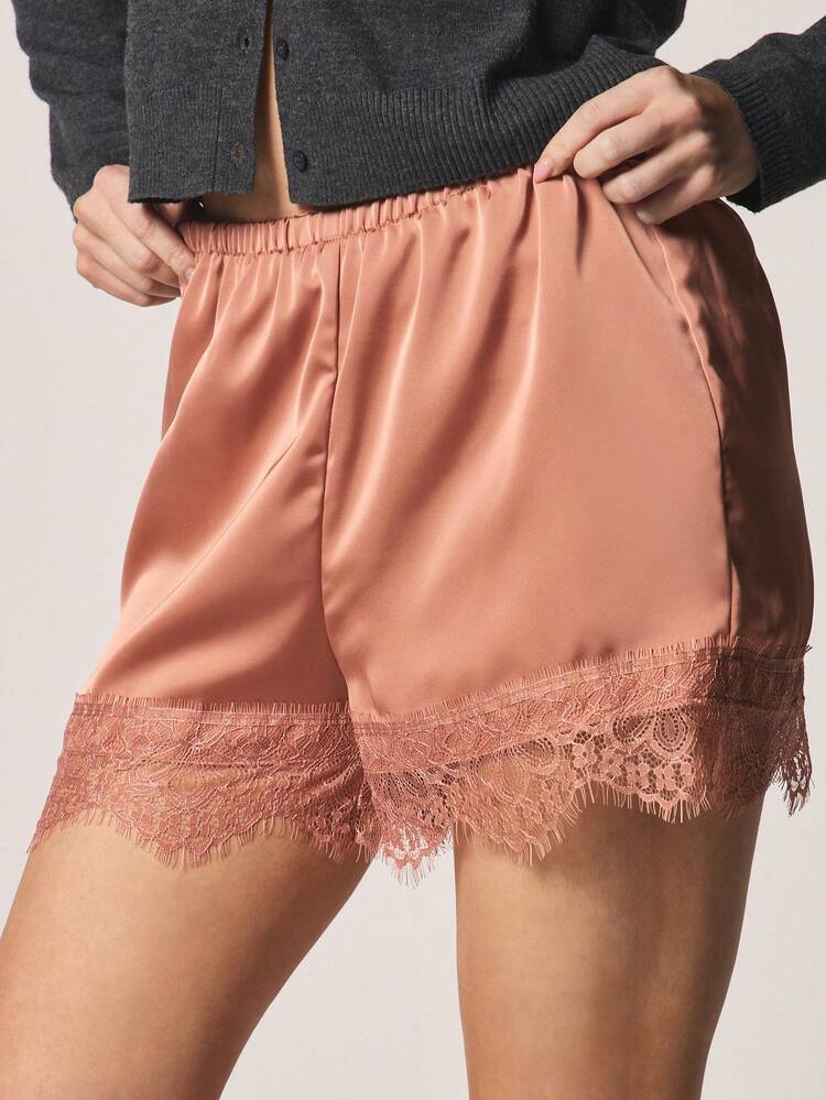 MISSGUIDED Shorts de Cetim com Renda para Mulheres, Cintura Alta, Elástico, Cordão, Loungewear de Verão, Parte de Baixo de Pijama