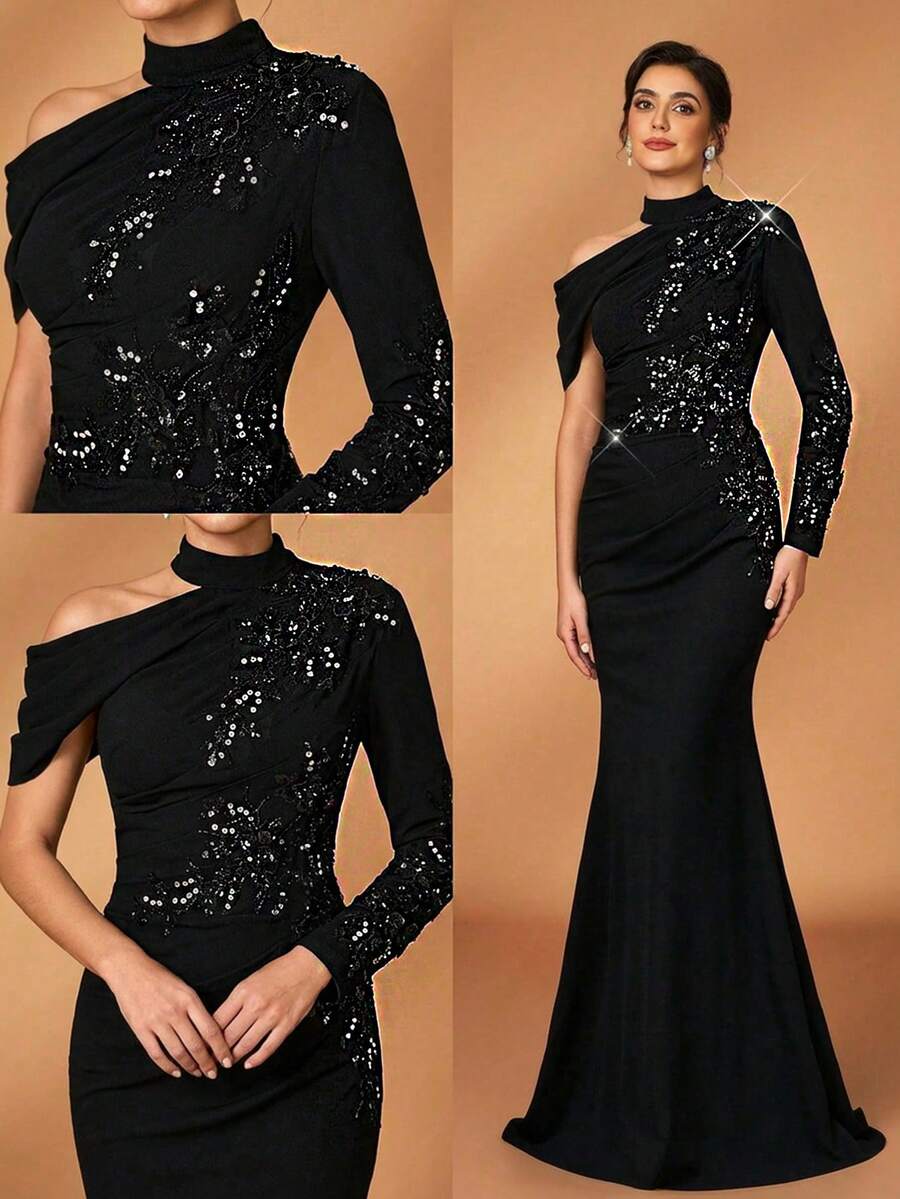 Serin Elegant Luxurious Faux Pearl Beaded Lace Applique Patchwork Elastic Knit Ruched Sleeve Mermaid Hem Dress, Suitable For Wedding, Party, Holiday, Bridal, Mother Of The Bride Evening Gown, Valentine's Day - Black - View 1