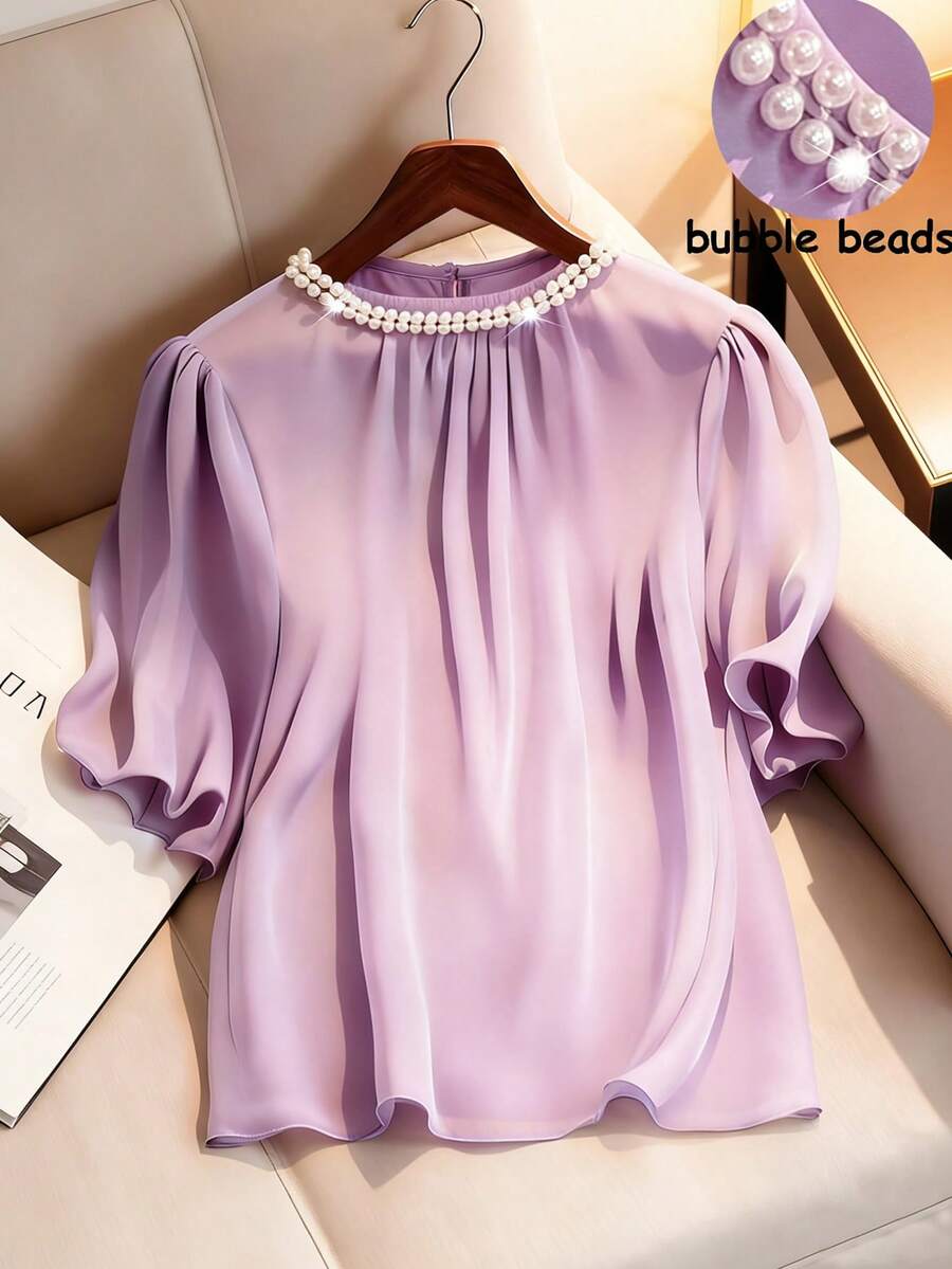 Franclia French Elegant Round Neck White Double-Row Bubble Pearl Ruffle Sleeve Blouse, Purple Ladies' Spring/Summer Graceful Shirt Lilac Top Chiffon Blouses For Women Light Purple Top Purple Blouses Lavender Blouse - Lilac Purple - View 1