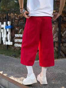 Manfinity EMRG Men's Contrast Color Patchwork Casual Loose Fit Denim Shorts With Belt Loops Red Jean Shorts Men - Red - View 2