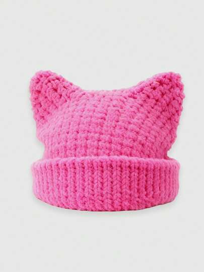 Grunge Punk 1pc Fuchsia Knitted Cat Ear Beanie, Y2K Style Solid Color Warm Slouchy Hat, Versatile Fashion Cap For Daily Wear