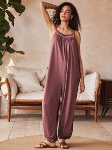 波西米亚风度假宽松舒适柔软褶皱弹力腰露背系带针织休闲口袋连体裤（女款） - 紅木色 - 查看 6