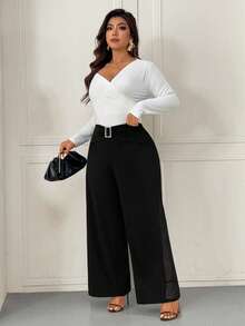 Femmeverse 大码女式时尚装饰纽扣网眼拼接设计阔腿纯色裤 - 黑色 - 查看 6