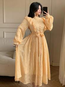 DAZY 女士优雅纯色纹理荷叶边领系带长连衣裙，春夏婚礼宾客礼服 - 黃色 - 查看 9