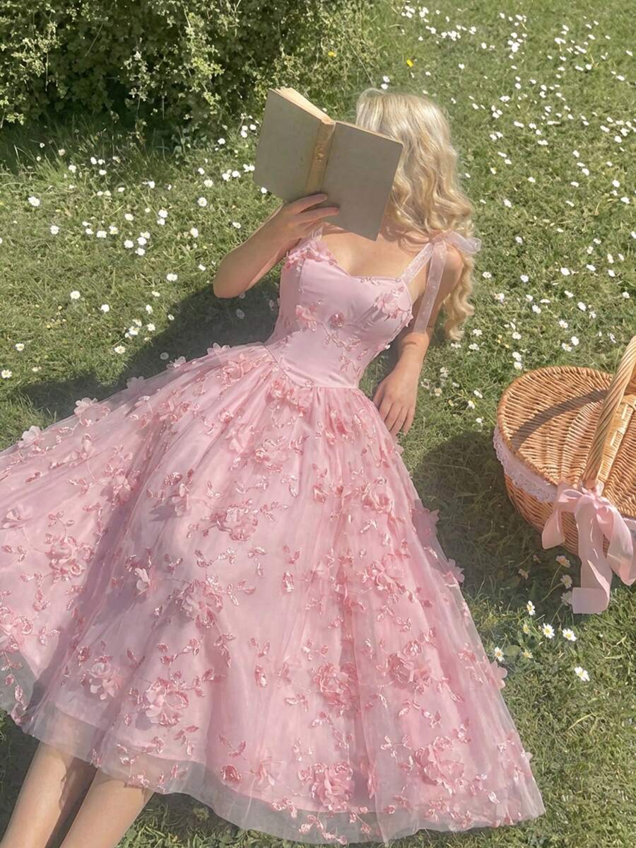 SHEIN MOD Plus Size Women's Elegant Embroidered Tie Shoulder Midi Dress,Party Dress ,Elegant Dress Women,Corset Top Dress,Unique Dress,Party Dresses ,Date Night Dress,Formal Dresses For Women,Valentine's Day, Rose Dress, Dress Pink, Garden Party Formal Dress,Spring Break Outfits,Summer Dress Bridal Shower Outfit Pink Tea Party Dress Pink Flower Dress Pink Birthday Outfit Women - Pink - View 1