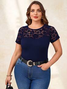 Reflora Plus Size Elegant Round Neck Contrast Lace T-Shirt - Navy Blue - View 6