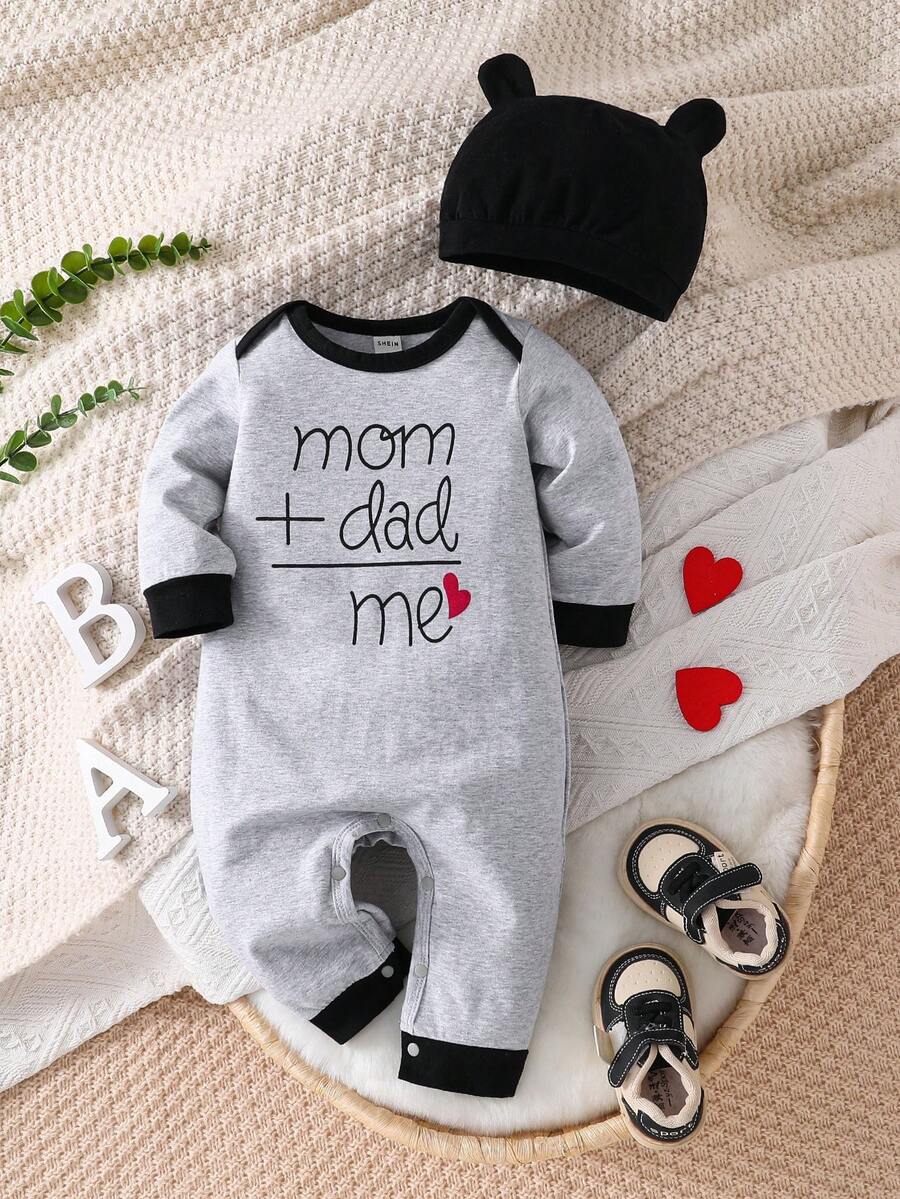 SHEIN Bộ áo liền quần dài tay cho bé trai, kiểu dáng thường ngày, thoải mái, in chữ và trái tim, phối màu tương phản, thích hợp cho mùa xuân/thu. - Xám - Xem 1