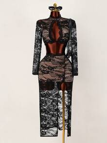 BamGleam Valentines Sexy Women'S Lace See-Through Twisted Bell SleeveTop & High Slit Skirt, 2pcs/Set - Black - View 4