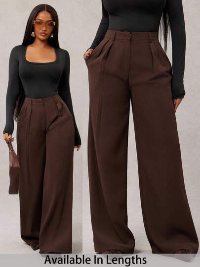 SHEIN Tall CURVE Plus Size Women's Solid Color Pleated Pocket Wide Leg Loose Casual Pants Women's Business Casual Pants Tall Women Pants Women's Business Casual Pants High Waist Pants Wide Leg Pants Brown Pants For Women,Daily Commute,Spring Outfit Women