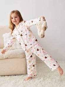 Maija Kids 两件套女童爱心图案针织柔软圆领短袖上衣和松紧腰裤套装 - 彩色 - 查看 4