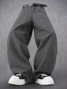 Manfinity Denimwave Men's Vertical Striped Casual Loose Fit Jacquard Denim Pants - Medium Wash - View 1