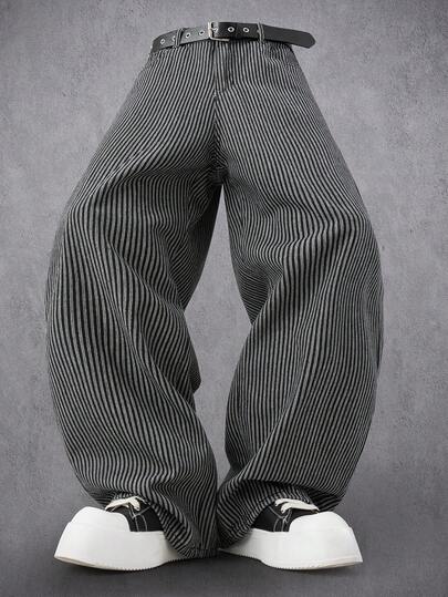 RivetRise Men's Vertical Striped Casual Loose Fit Jacquard Denim Pants