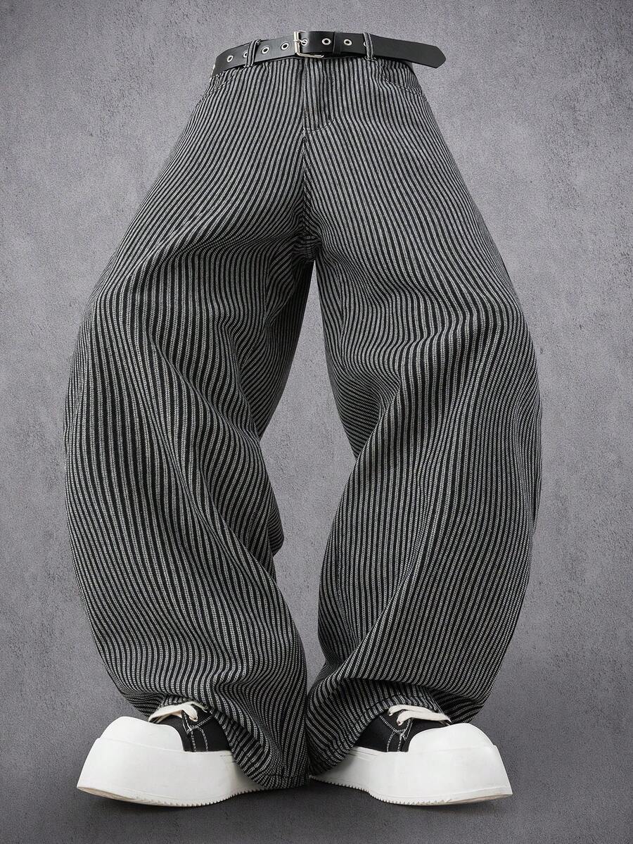 Manfinity Denimwave Men's Vertical Striped Casual Loose Fit Jacquard Denim Pants - Medium Wash - View 1