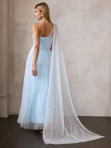 MOTF Soiréza Đầm dài nữ bằng vải lưới đính sequin và thêu hoa. - Màu xanh lam - Xem 3