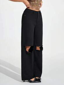 SHEIN Unity Women's Distressed Solid Color Casual Jeans Black Ripped Jeans Ripped Baggy Jeans Cut Out Pants Oversized Jeans - Black - View 6