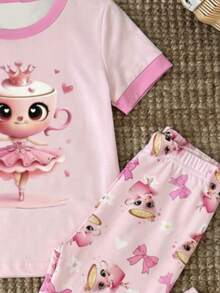 Tween Girl Casual Cartoon Pattern Short Sleeve Crew Neck T-Shirt Top And Snug Fit Leggings Loungewear Set