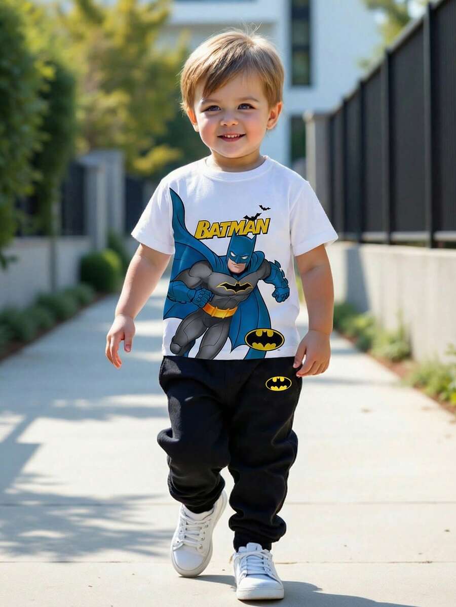 BATMAN X SHEIN Bộ 2 món cho bé trai, phong cách thể thao thường ngày, rộng rãi, thoải mái, cổ điển, in hình hoạt hình và logo, tay ngắn, gồm áo thun và quần nỉ, thích hợp cho người hâm mộ, mùa xuân/hè. - Nhiều màu - Xem 1