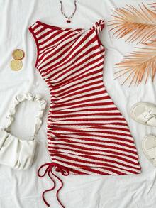 Teen Girls Striped Asymmetric Ruched Snug Fit Mini Dress, Casual Vacation Beach Party Dress - Red and White - View 8