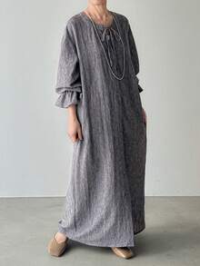 FRIFUL 女士纯色系带领单排扣休闲宽松日常约会外出长裙 - 藏蓝色 - 查看 8