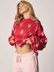 Missguided x Playboy 超大兔子印花连帽衫，带抽绳长袖休闲套头衫，秋冬季舒适卫衣家居服，情人节特惠 - 紅色 - 查看 5