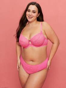 LUVLETTE Plus Full Coverage Breathable Unlined  Pink Lace Elegance & Mesh Keyhole Detail Lingerie Lounge Curve Sheer Minimizer Bridal Intimates Romantic  Valentine's Day GiftsBra - Hot Pink - View 7