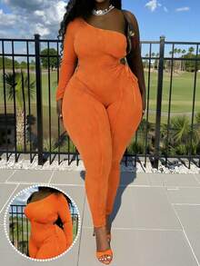 Slaydiva 春夏新款女装，秋冬女装，新款音乐节万圣节服装，女士生日礼服，日常穿着，百搭基础款，休闲款，度假款，邮轮旅行款，海滩款，日光浴款，爆款，橙色无袖长袖镂空抽绳罗纹修身街头风连体裤 - 橘色 - 查看 3