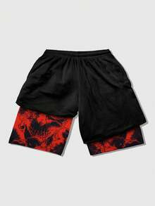 ROMWE MEN Goth Quần short nam hai lớp, in hình rồng Trung Quốc, cạp chun, có dây rút. - Nhiều màu - Xem 2
