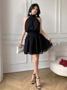 Celisse 黑色立领荷叶边下摆优雅女士迷你连衣裙 - 黑色 - 查看 6