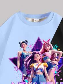 2pcs Young Girls Casual K-Pop Character Graphic Crew Neck Long Sleeve Sweatshirt And Knit Leggings Set, Girls Comfortable Daily Wear Outfit, Suitable For Autumn/Winter - Multicolor - View 8