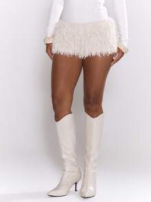 MUSERA Low Rise Sequin Fringe Mini Shorts Hotpants Sexy Elegant Occasion Party Evening NYE Spring Summer Vacation Holiday Festival - Cream - View 2