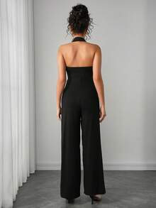 SHEIN 性感金属装饰无袖露背连体衣 - 黑色 - 查看 3