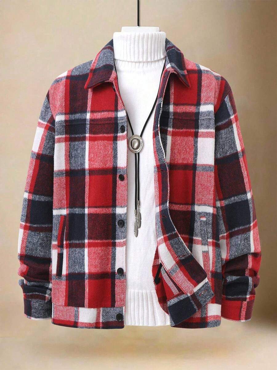 Manfinity Homme 1pc Men's Wool Blend Plaid Tweed Jacket, Casual Everyday Design With Black Button Decor, Functional Pockets, Slim Fit Comfortable Silhouette, Versatile For Commute, School, Vacation, Great Gift For Husband Or Boyfriend, Unisex Couple Matching Plaid Flannel Flannels For Men Men Shacket Plaid Jacket Men - Red - View 1