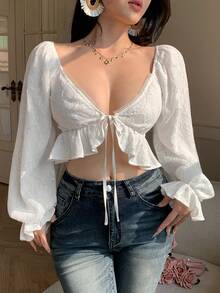 DAZY 女士甜心领花卉蕾丝喇叭袖露脐性感时尚上衣 - 白色 - 查看 7