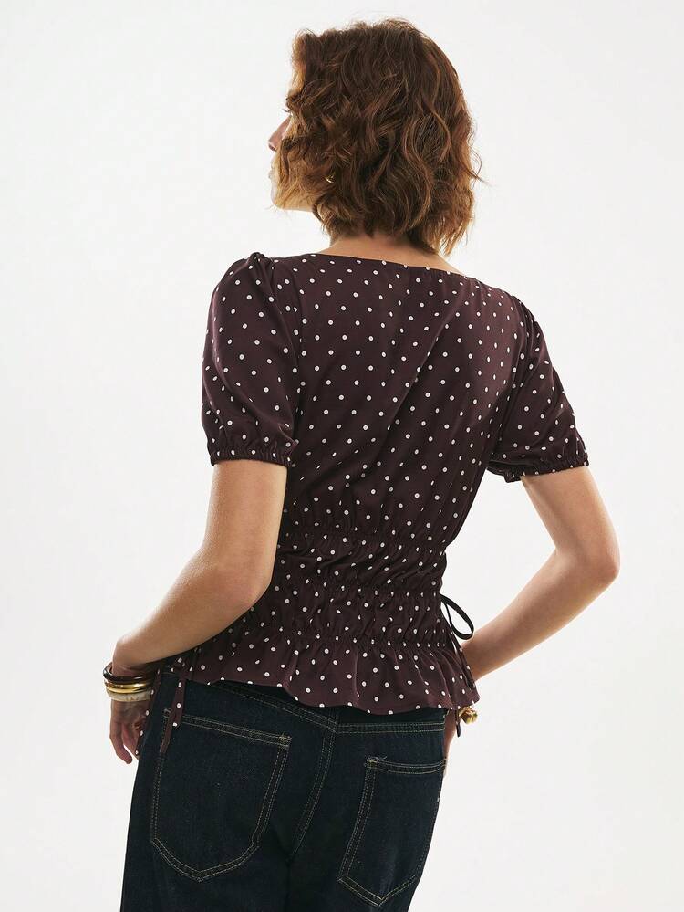 Poéselle Polka Dot Cinched Waist Round Neck Short Sleeve Top, Cute Polka Dot Puff Sleeve Peplum Top For Women, Chocolate Brown With White Polka Dots, Ruched Waist Spring Summer Blouse, Retro Y2K Casual Chic Elegant Vacation French-Style Top - Coffee Brown - View 2