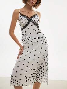 Poéselle 女士蕾丝波点印花吊带背心和半身裙两件套，波点蕾丝吊带裙，细肩带中长夏季连衣裙，优雅黑白派对装扮，夏季两件套，法式两件套，假日，海滩度假，优雅派对 - 彩色 - 查看 4